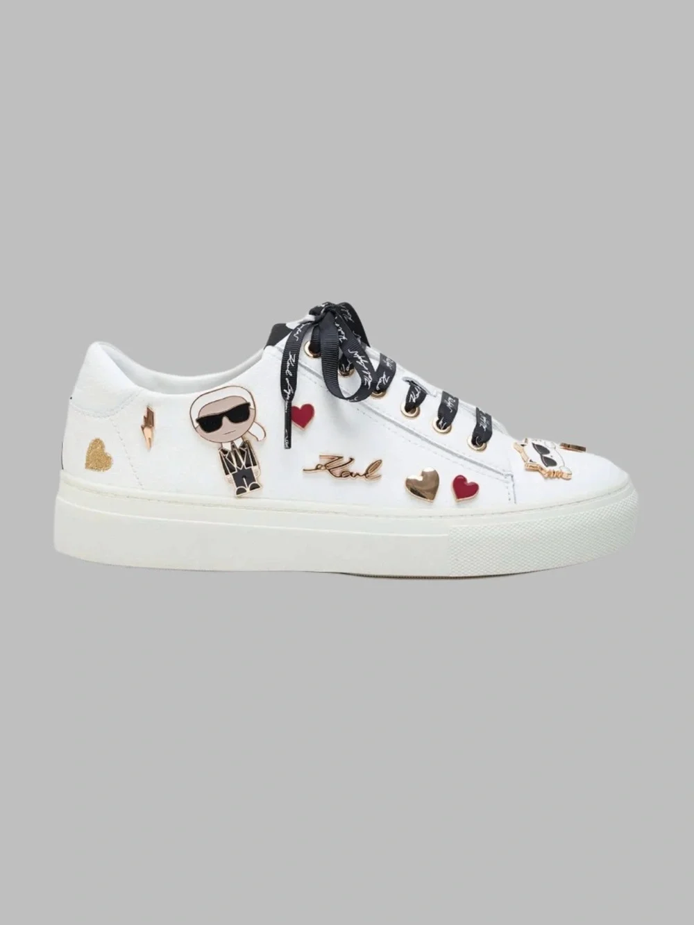 Karl Lagerfeld Paris Cate Pins Leather Sneakers White Charms US 5.5 EU 35.5